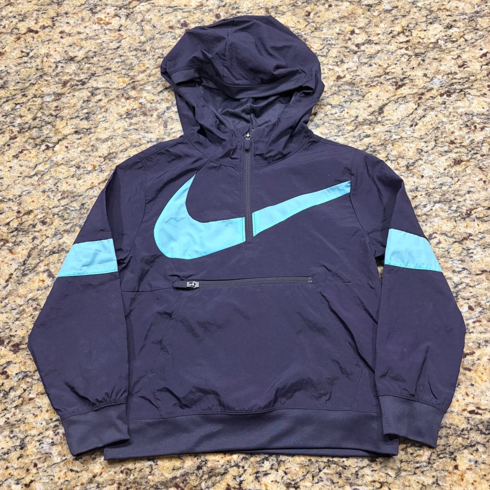 Nike Boys Navy Blue Aqua Swoosh Half Zip Hooded Windbreaker Jacket Size XS ws